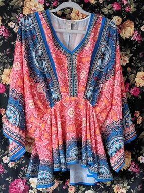 Flyting Tomato Boho V-Neck Multicolor Printed Peasant Top